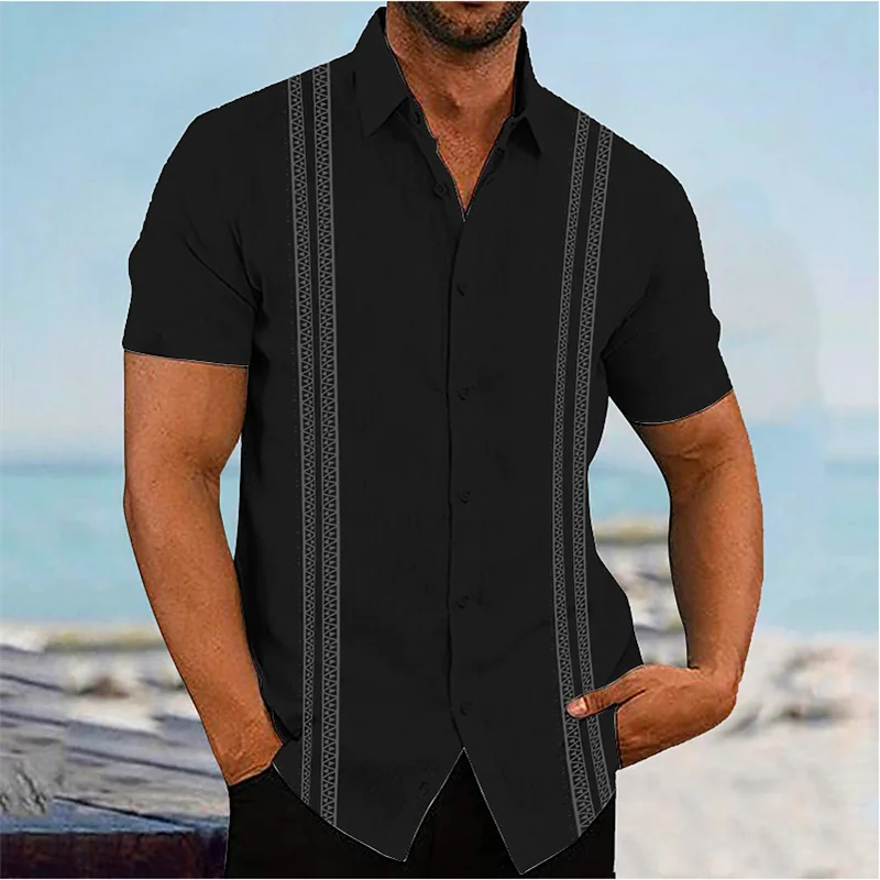 Men's Linen Shirts Casual Long Sleeve Shirts Striped Lapel Hawaiian Holiday Outfits Clothing Comfortable Tops