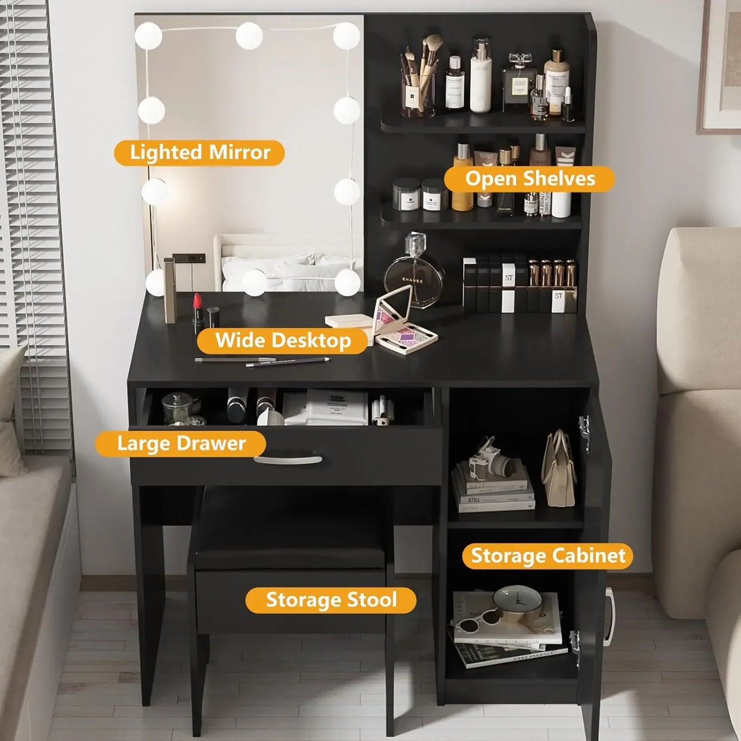 Vanity with Lighted Mirror, Desk Drawer and Storage Cabinet, Dresser Mirror Dressing Table for Bedroom, Bathroom, Black