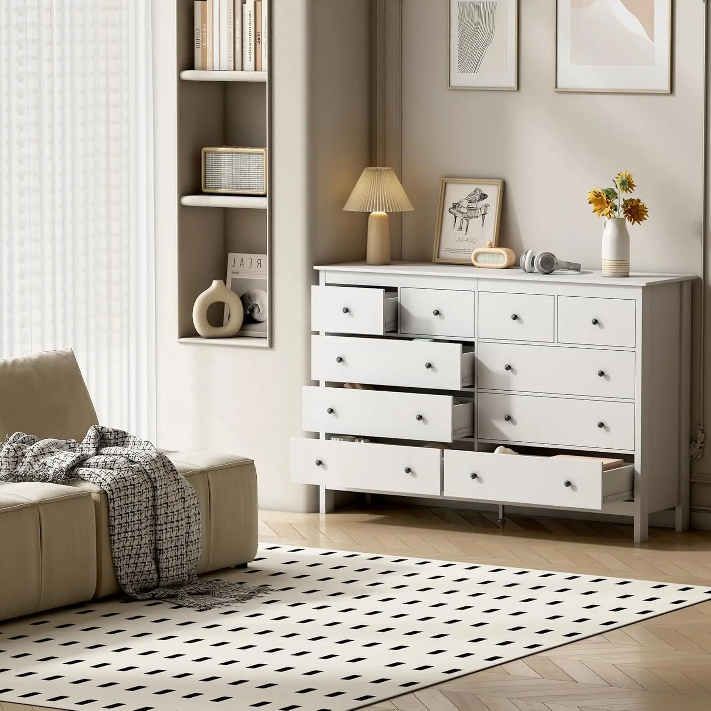 10 Drawer Dresser, 55" Modern White Dressers and Chests of Drawers, 10 Drawer Wide Dressers for Bedroom