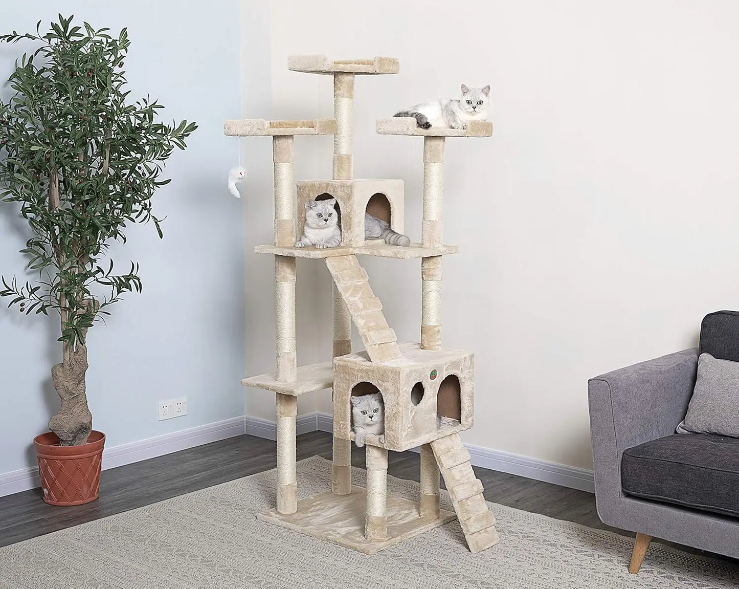 72" Tall Tree Tower with Condos - Large Tree  Tower for Indoor Cats - Play Scratch Hide Climb Activity