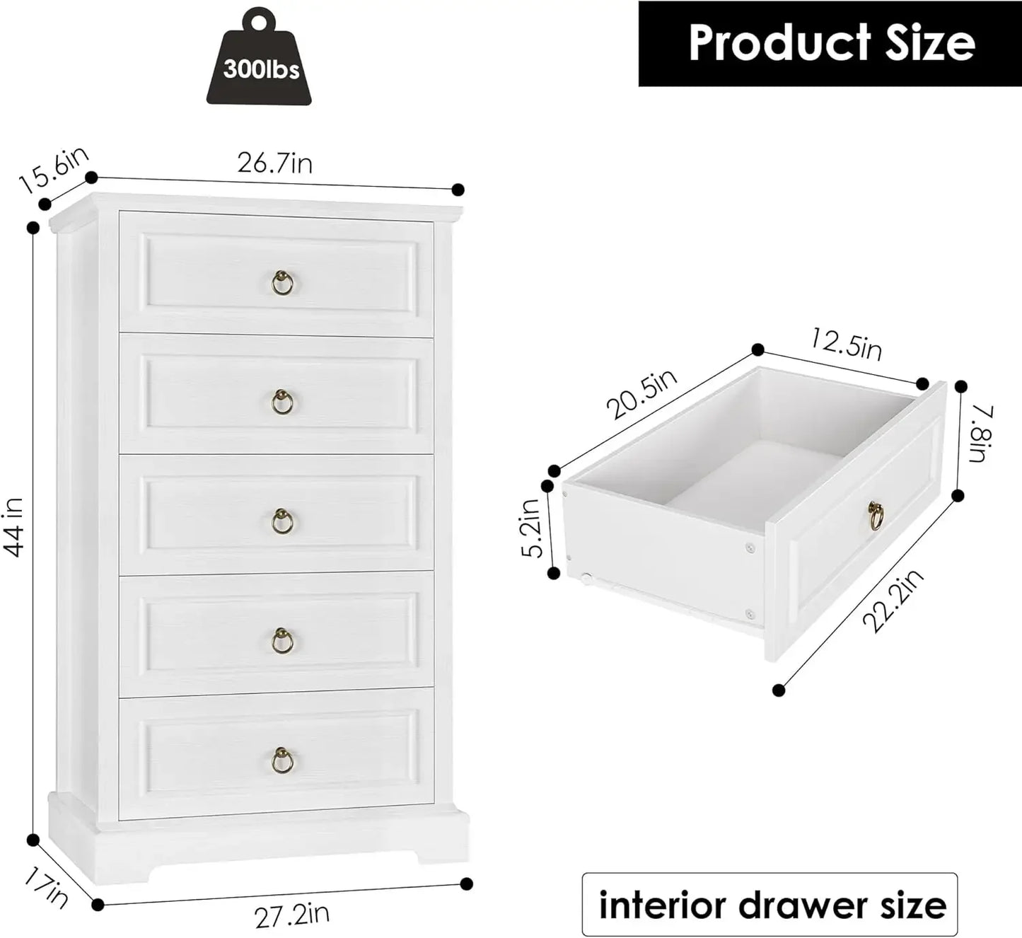 Dresser for Bedroom, 44" Tall Dresser with 5 Drawers, White Chest of Drawers with Storage, Modern Farmhouse Wood Dresser