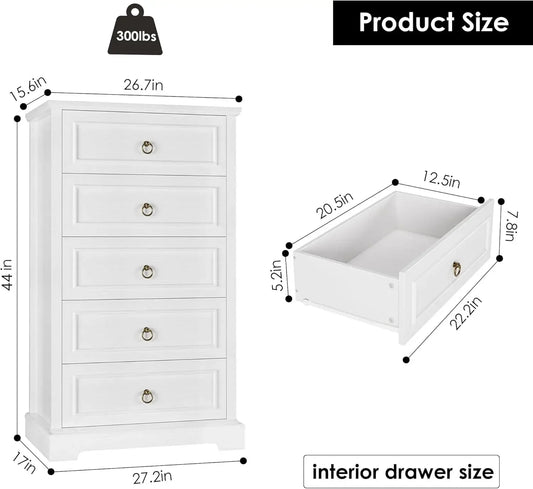 Dresser for Bedroom, 44" Tall Dresser with 5 Drawers, White Chest of Drawers with Storage, Modern Farmhouse Wood Dresser