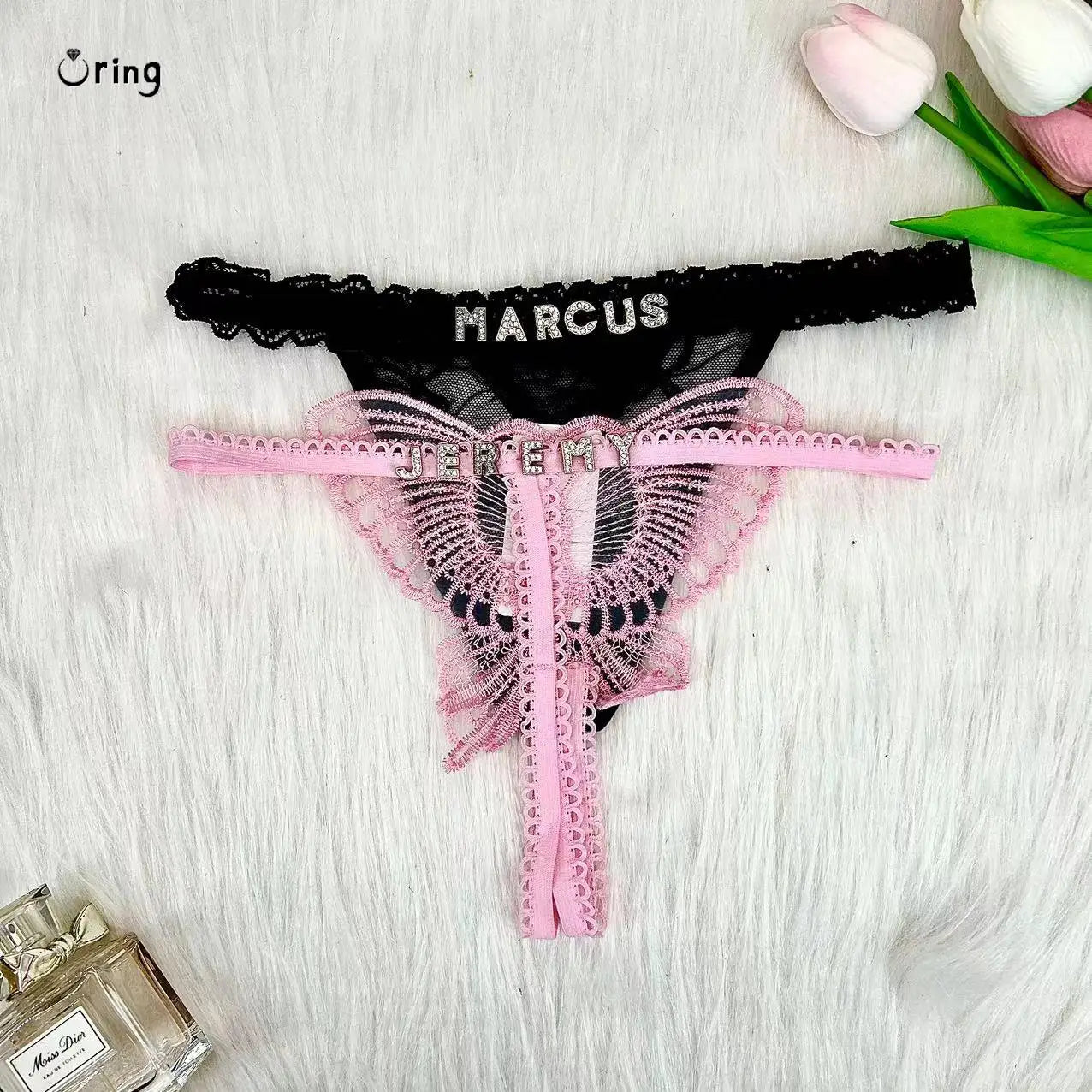 Customize Thong Panties Hollow Butterfly 2PC/set Name Gifts For Women Custom Hotwife Lingerie Underpants Lace String Underwear