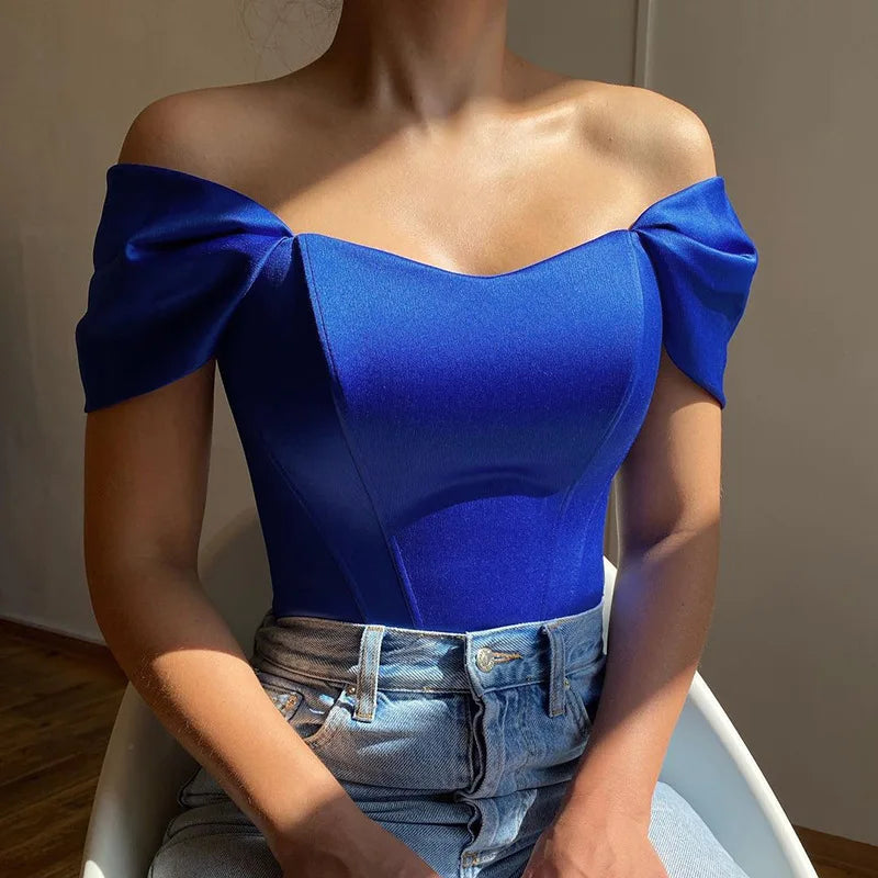 Elegant Women's New Fishbone Waist Cinched Strapless Vest With Satin One Shoulder Top Summer Fashion Short Sleeved Shirt Blouse