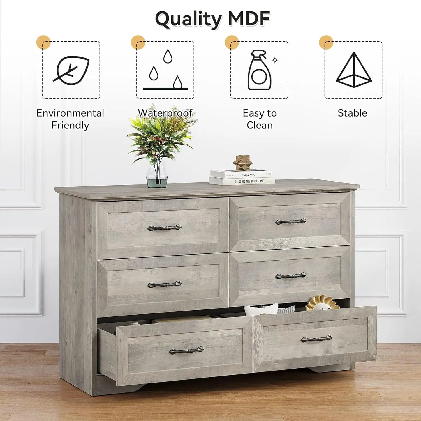 Farmhouse Chest of Drawer with Metal Handles, Modern Storage Organizer with Anti-Collapse Design, Wooden Dresser for Living Room