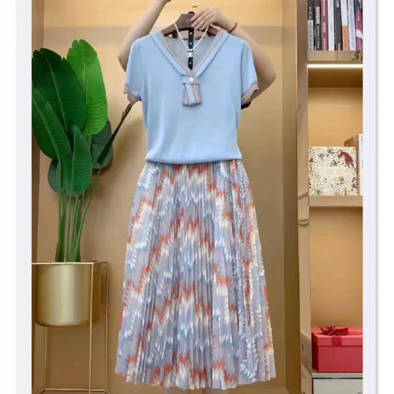 Skirt suit women's 2024 fashion pleated floral half-length suit skirt blue short-sleeved shirt elegant slim two-piece suit