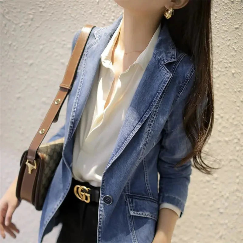 Women's Denim Suit Jacket, Korean Bomber Jackets, Casual Blazer, Female Outerwear, Cowboy Trench Coat, Fashion, Spring, Autumn,