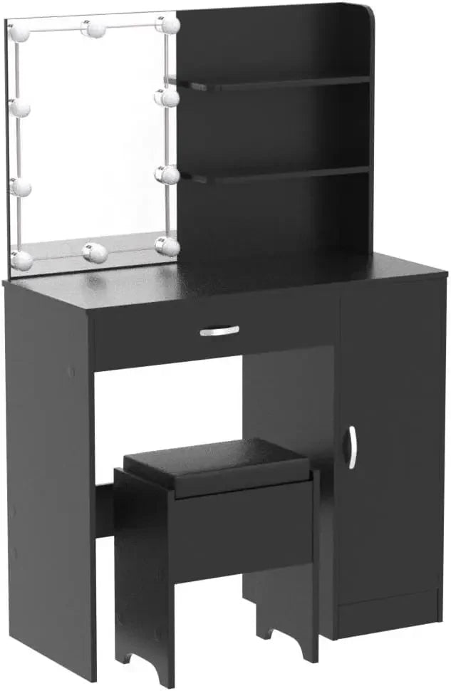 Vanity with Lighted Mirror, Desk Drawer and Storage Cabinet, Dresser Mirror Dressing Table for Bedroom, Bathroom, Black