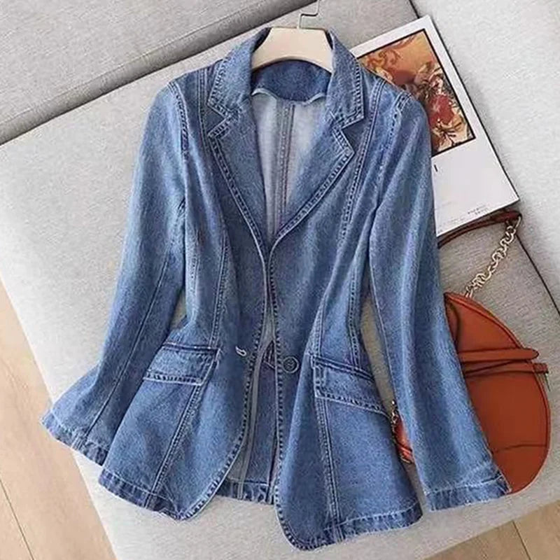 Women's Denim Suit Jacket, Korean Bomber Jackets, Casual Blazer, Female Outerwear, Cowboy Trench Coat, Fashion, Spring, Autumn,