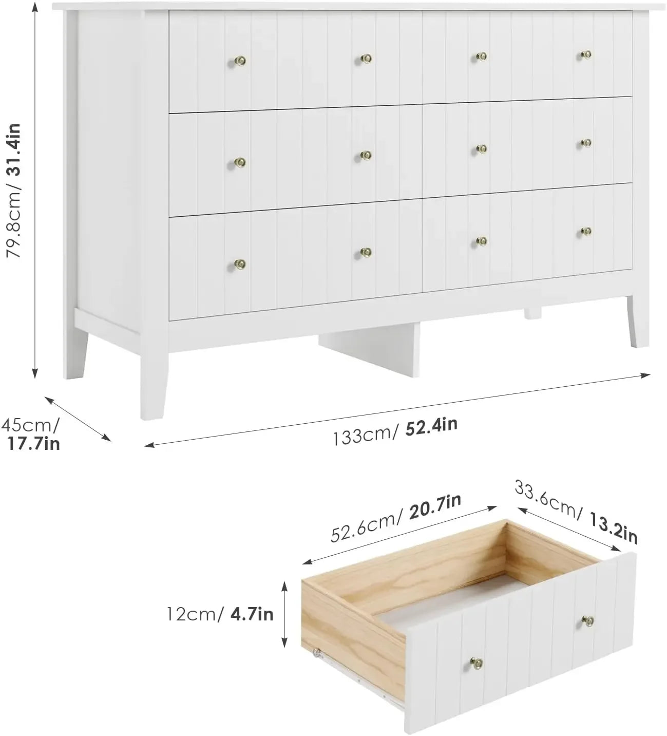 White Dresser, Chest of Drawers, Modern 6 Drawer Double Dresser with Deep Drawers, Wide Storage Organizer Cabinet for Li