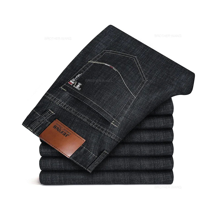 Summer Thin Men's Straight Jeans Classic Black Blue Stretch Casual Business Baggy Denim Pants Male Brand Trousers