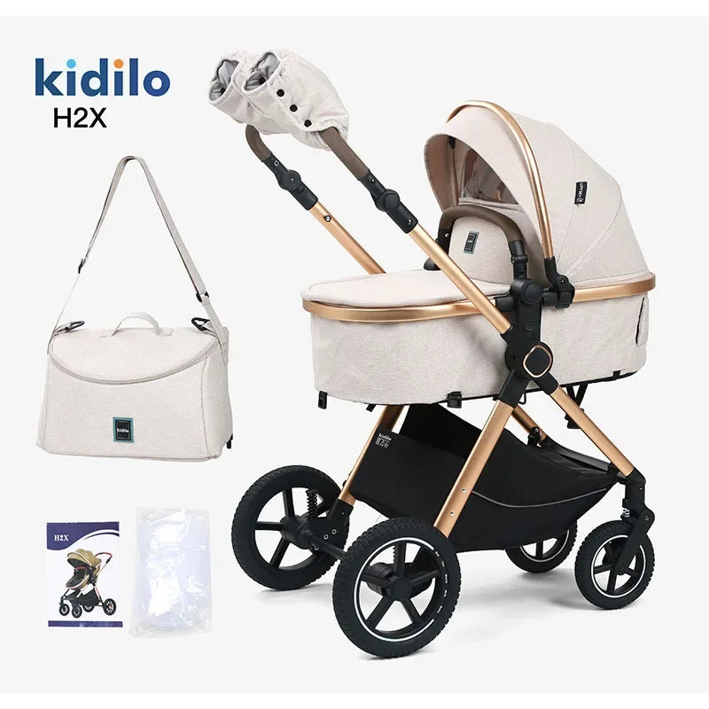 2-in-1 baby stroller, high landscape stroller, one click folding, can sit or lie down, comes with a mommy bag and warm gloves