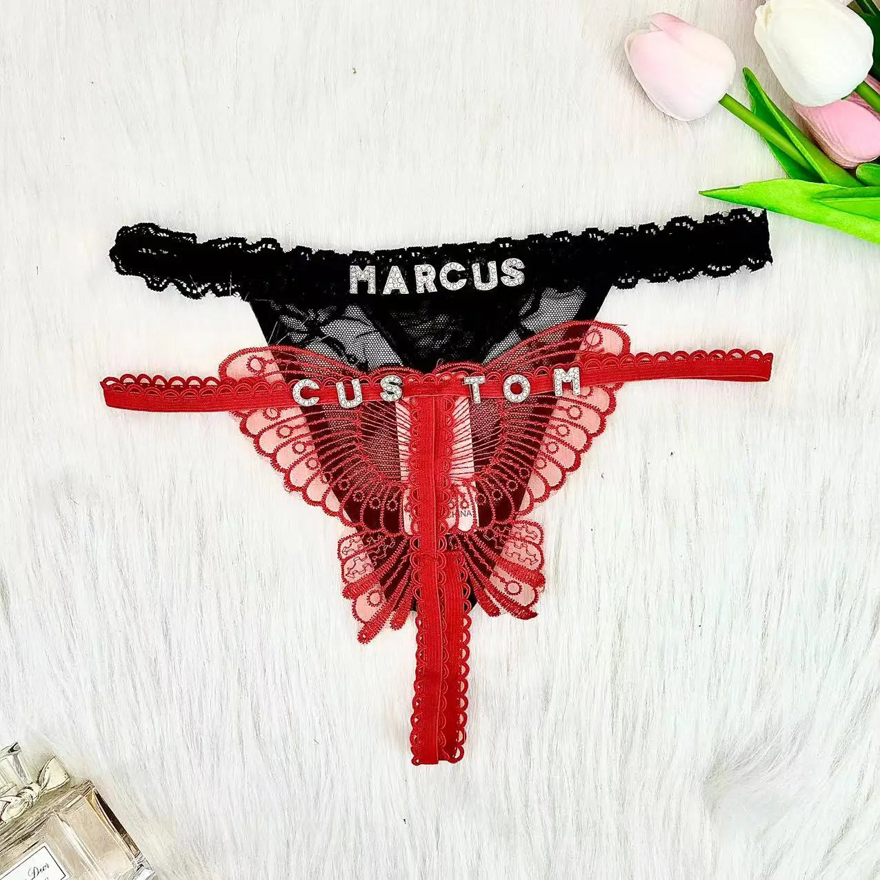 Customize Thong Panties Hollow Butterfly 2PC/set Name Gifts For Women Custom Hotwife Lingerie Underpants Lace String Underwear