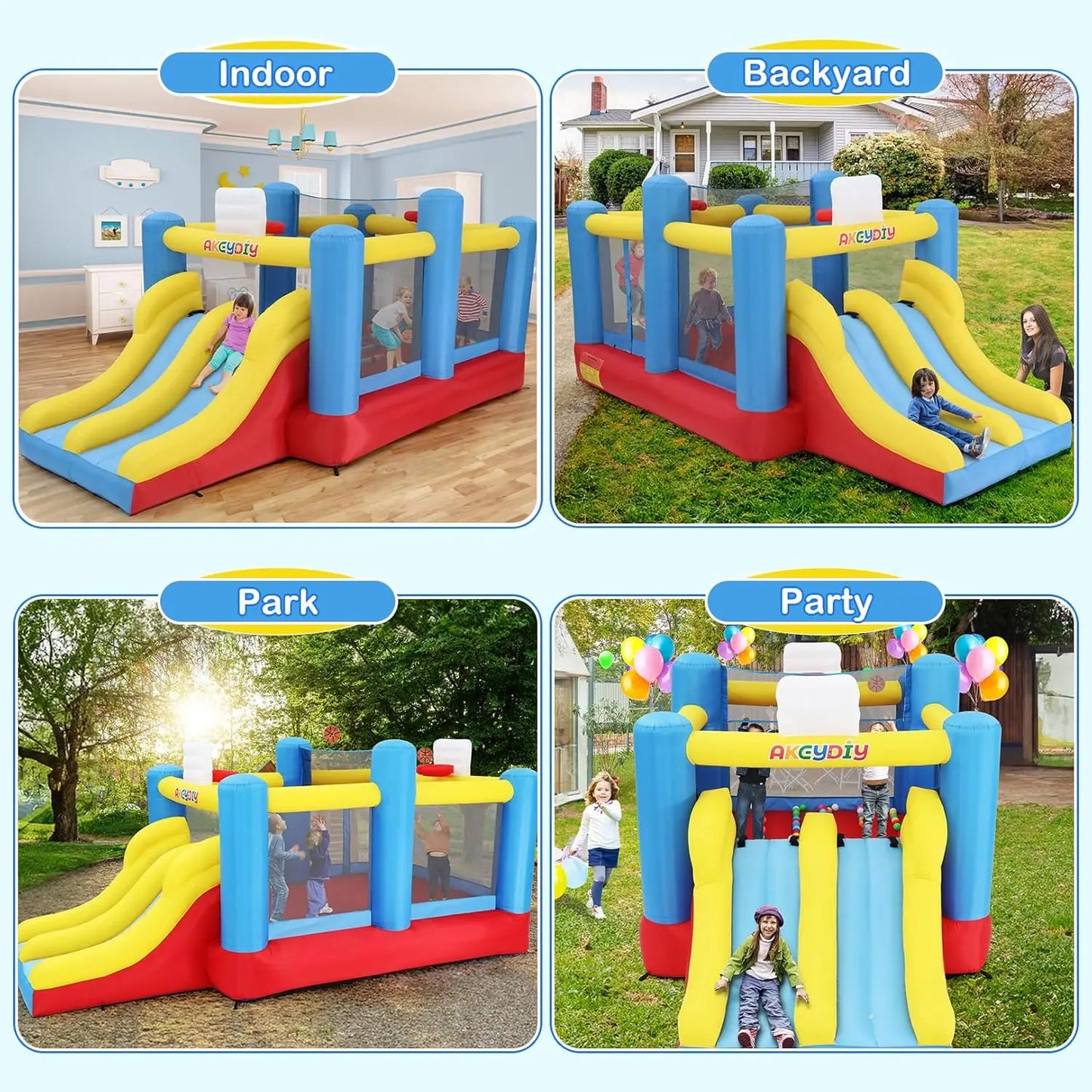 Inflatable Bounce House, Outdoor Indoor Bouncy House with Blower for Kids, Sports Ball Game Theme Park Bouncer w/Double