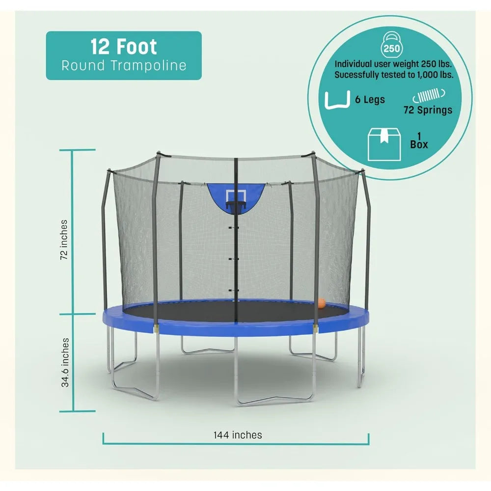 Trampoline Outdoor 12 FT, Jump N’ Dunk Round Outdoor Trampoline with Net, Trampoline Mat, and Basketball Hoop for Trampoline