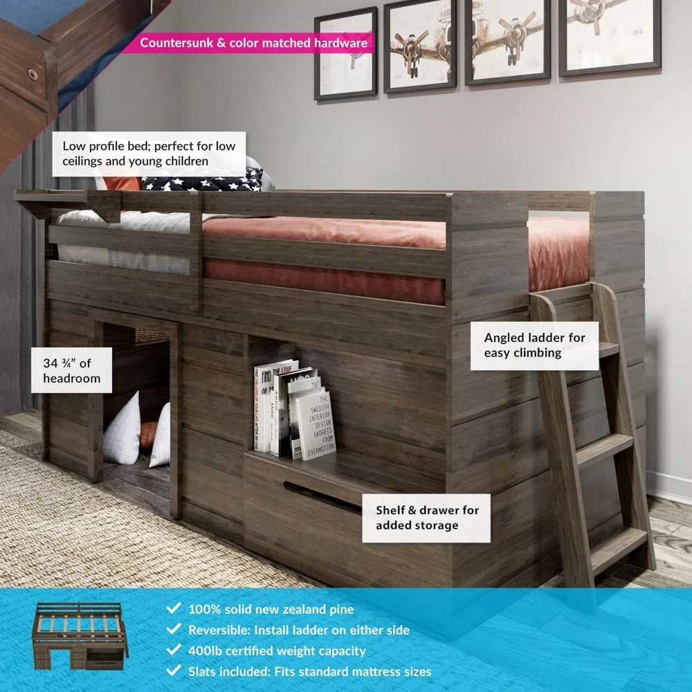 bed.Loft Bed Twin Size,Solid Wood Low Loft Bed with Storage Drawer and Ladder, Modern Farmhouse Loft Bed for Kids,Barnwood Brown