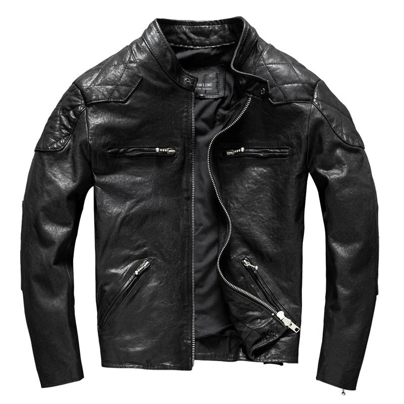 Black Spring Leather Jacket Men Stand Collar Plus Size 5XL Natural Thin Sheepskin Slim Fit Short Genuine Leather Coat