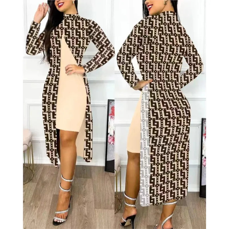 Two Piece Set Women Print Dresses Sets Full Sleeve Half High Collar Split Cardigan Dress Suits Elegant A Line Office Lady