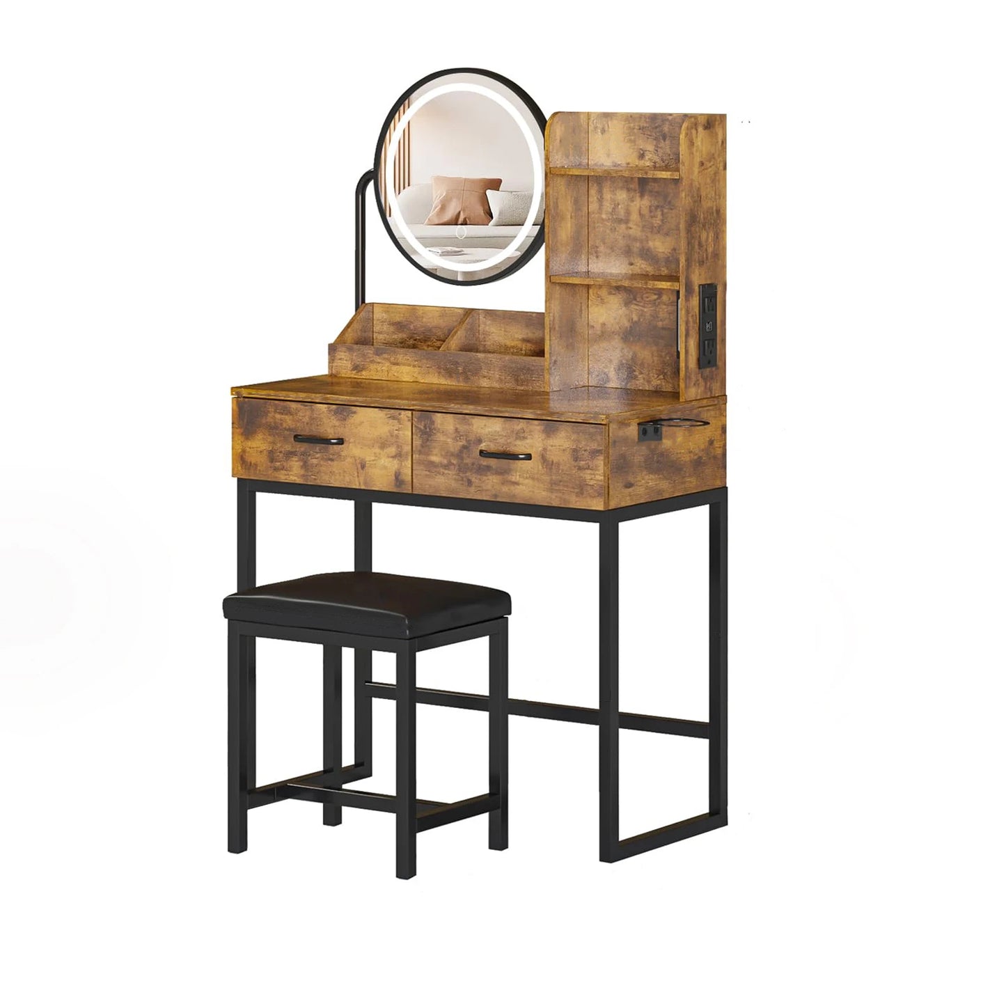 Vabches Vanity Desk with Round Mirror Lights Vanity Table with 2 Storage Drawer&Metal Legs Small Makeup Table with Stool Bedroom