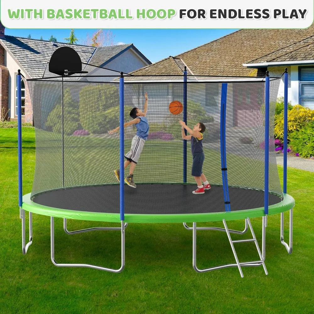 14ft Trampoline Outdoor, Large Heavy Duty Round Trampoline with Basketball Hoop, Enclosure Net for Backyard