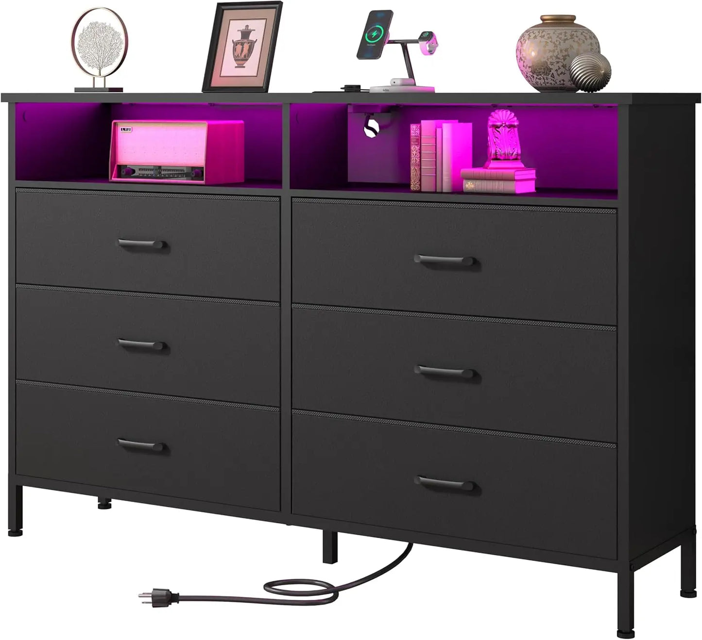 bedroom, Fabric Black Bedroom Dresser with LED Lights and Charging Station, 6 Long Drawers Dresser, Tall Wide Chest of Drawers S