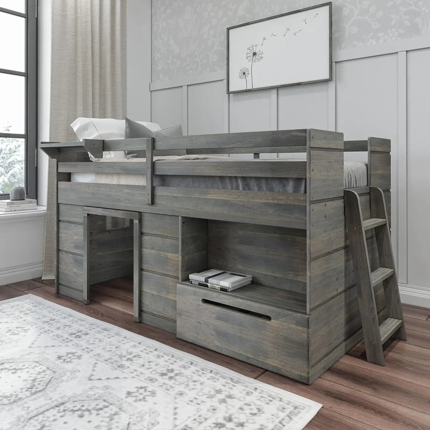 bed.Loft Bed Twin Size,Solid Wood Low Loft Bed with Storage Drawer and Ladder, Modern Farmhouse Loft Bed for Kids,Barnwood Brown