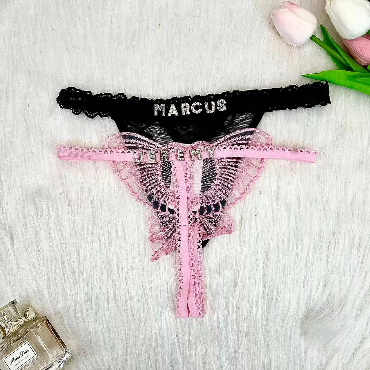 Customize Thong Panties Hollow Butterfly 2PC/set Name Gifts For Women Custom Hotwife Lingerie Underpants Lace String Underwear