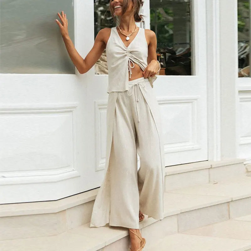 Summer Casual Two Piece Set Cotton Linen Drawstring Crop Top Split Lace Up Wide Leg Pants Loungewear Women's Home Suits Y120