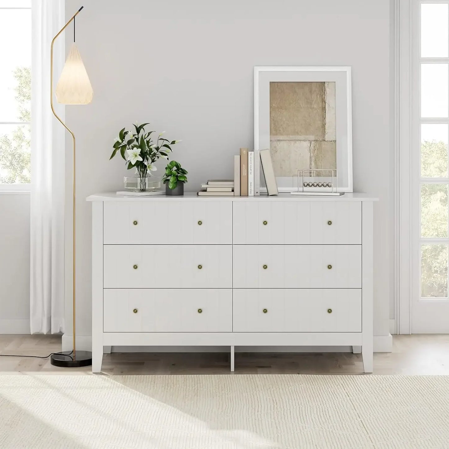 White Dresser, Chest of Drawers, Modern 6 Drawer Double Dresser with Deep Drawers, Wide Storage Organizer Cabinet for Li