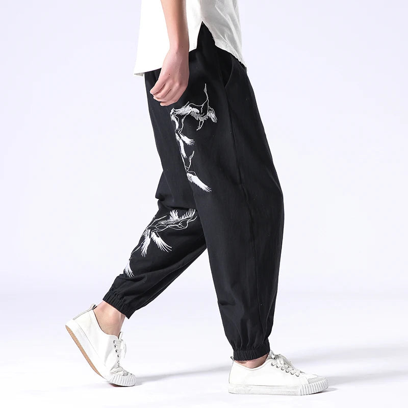 100% Cotton Mens Clothing Crane Embroidery Leggings Trousers Chinese Retro Harem Jogging Pants Sports Fitness Hip-hop Pants