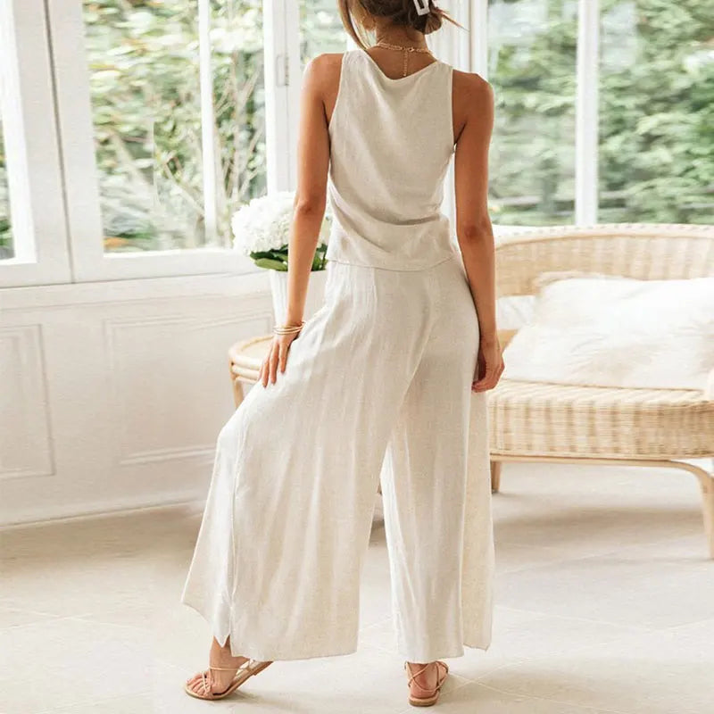 Summer Casual Two Piece Set Cotton Linen Drawstring Crop Top Split Lace Up Wide Leg Pants Loungewear Women's Home Suits Y120