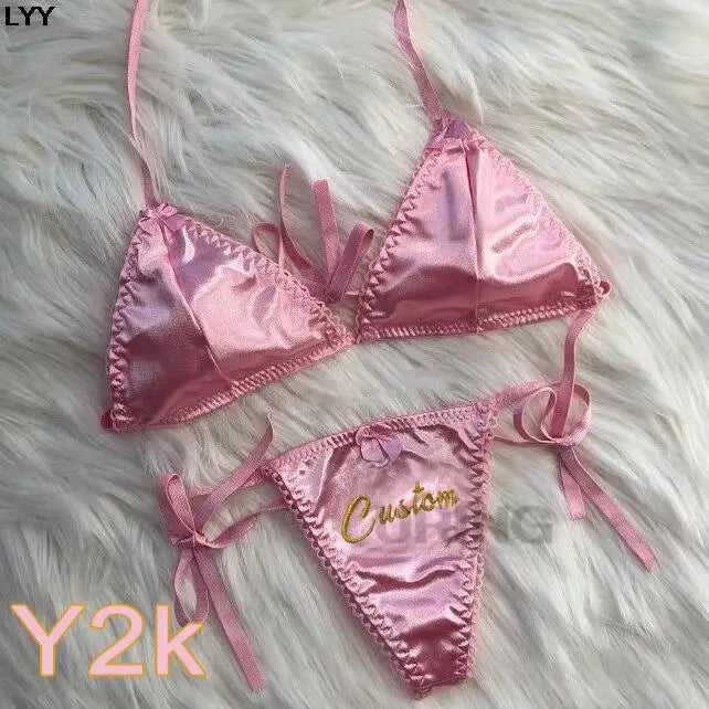 Custom Thongs Bra Sets Bikini With Embroidery Letters Name Personality String Sexy Panties Y2k Hotwife Underwear Pink Swimsuit