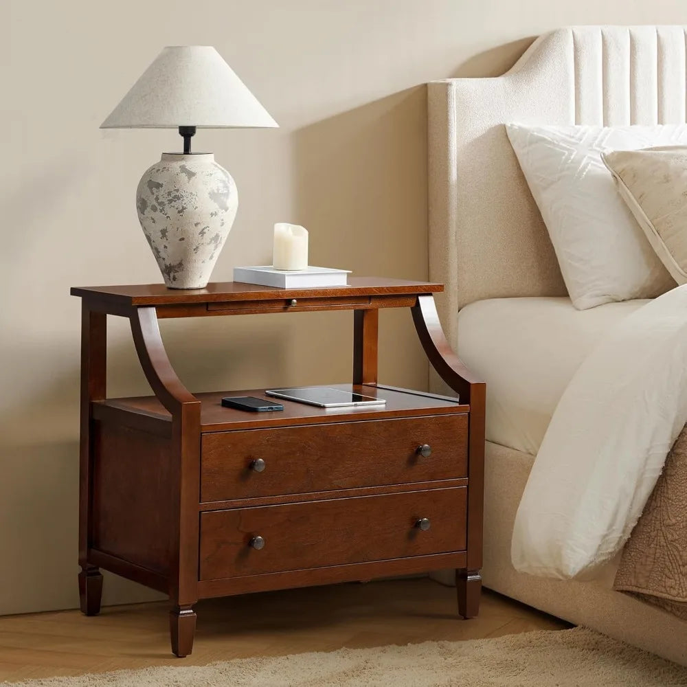 Wood Nightstand with Charging Station, 2-Drawer Dresser with Wooden Legs, Mid-Century Modern Bedside Furniture, French-Style