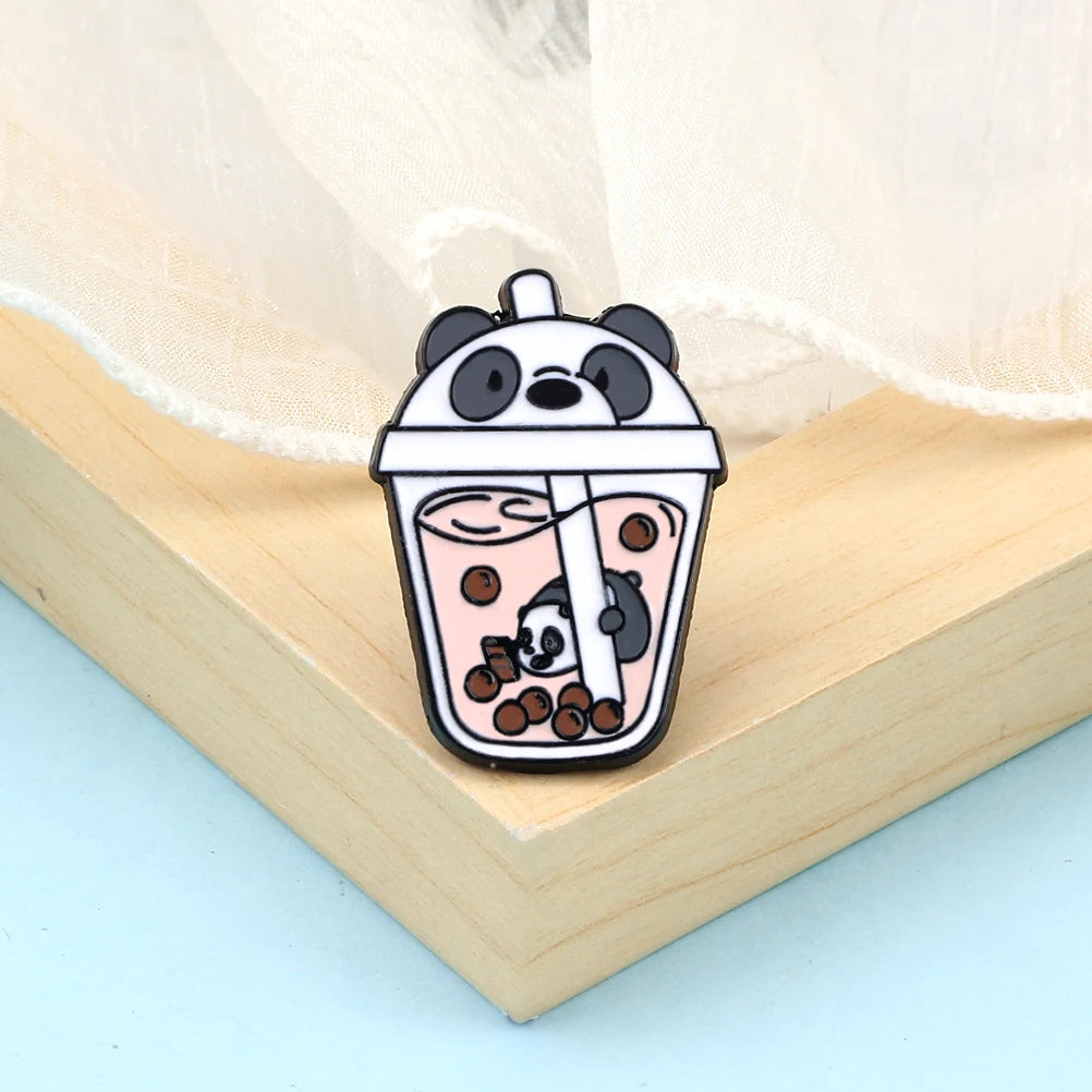 Smiling Panda Enamel Lapel Pins Funny Bubble Tea Animal Brooch Cute Pandas Backpack Badge Clothes Jewelry Gifts for Kids Friends