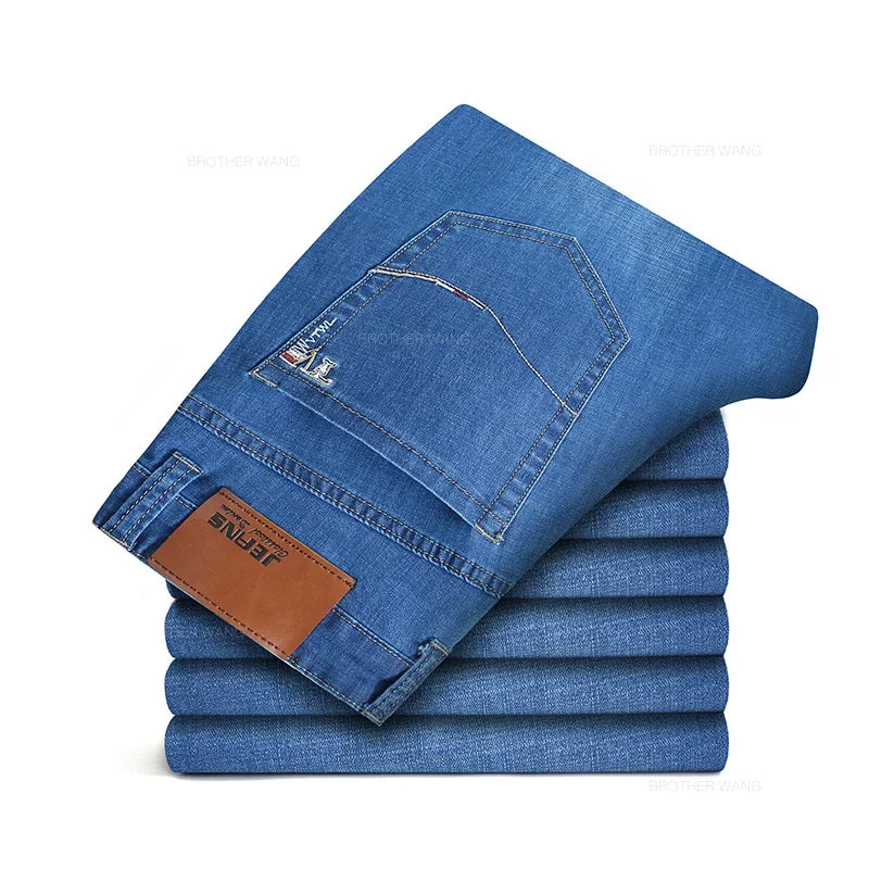 Summer Thin Men's Straight Jeans Classic Black Blue Stretch Casual Business Baggy Denim Pants Male Brand Trousers