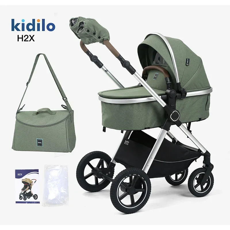 2-in-1 baby stroller, high landscape stroller, one click folding, can sit or lie down, comes with a mommy bag and warm gloves