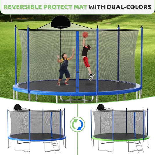 14ft Trampoline Outdoor, Large Heavy Duty Round Trampoline with Basketball Hoop, Enclosure Net for Backyard