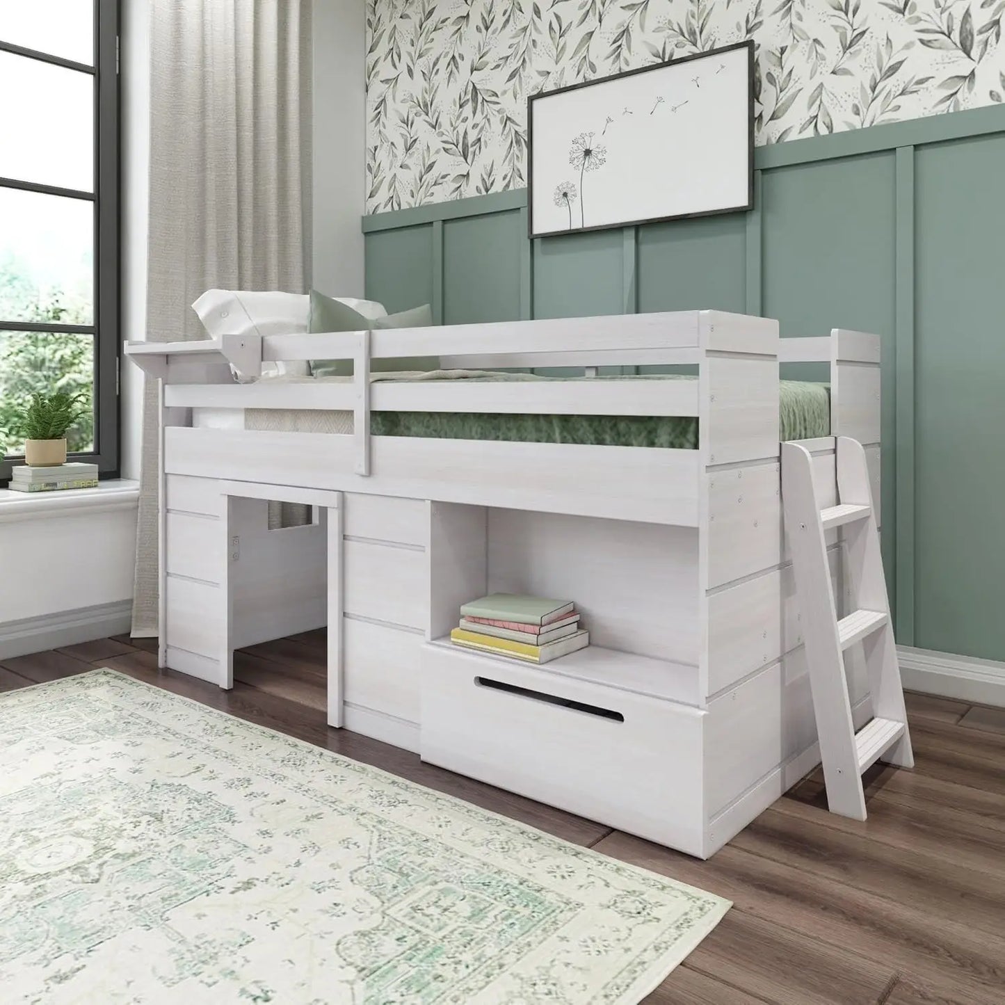 bed.Loft Bed Twin Size,Solid Wood Low Loft Bed with Storage Drawer and Ladder, Modern Farmhouse Loft Bed for Kids,Barnwood Brown