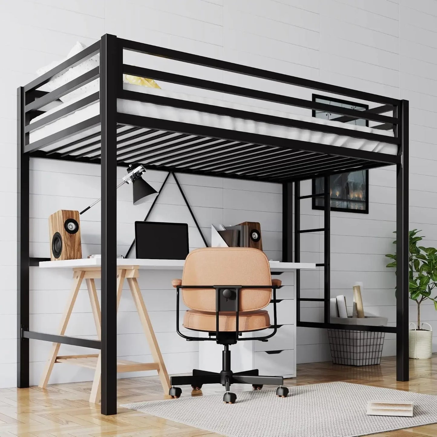 Twin Loft Bed with Desk Charging Station Storage Shelves LED Lights Music Sync Safe Guardrail & Wooden Ladder