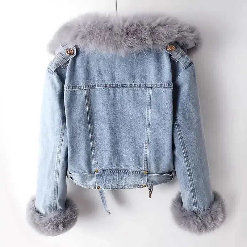 Denim Jacket for Women Short Thick 2025 Autumn Winter Y2k Tops Casual Punk Biker Faux Fox Fur Zipper Cowboy Coat Warm Outerwear