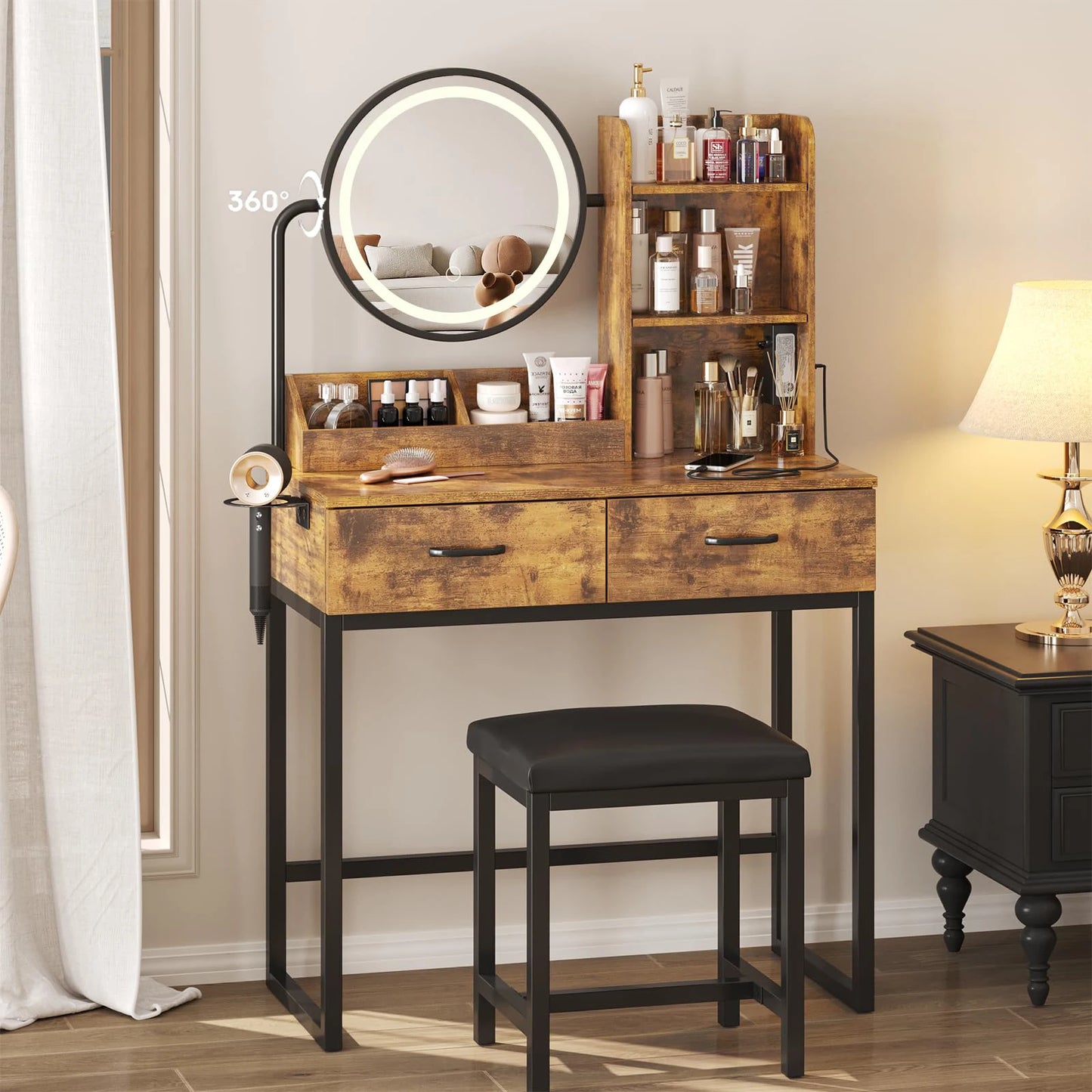 Vabches Vanity Desk with Round Mirror Lights Vanity Table with 2 Storage Drawer&Metal Legs Small Makeup Table with Stool Bedroom