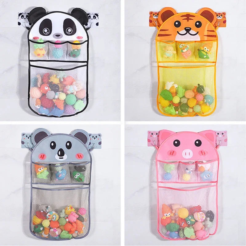 Cute Cartoon Transparent Multifunction Bath Toy Organizer Baby Bathroom Mesh Suspendable Shower Products Game Bag with 2pcs Hook