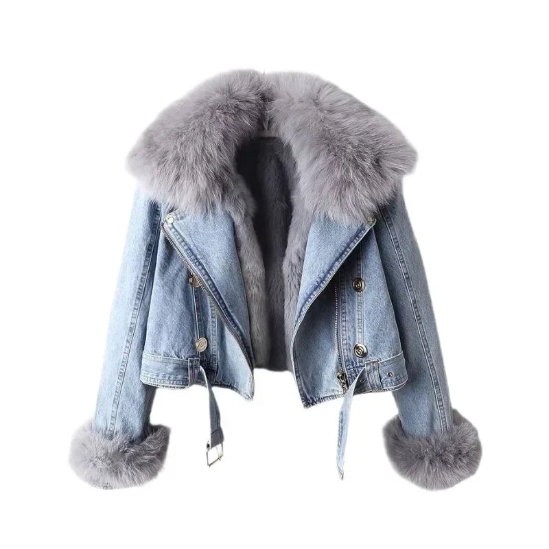 Denim Jacket for Women Short Thick 2025 Autumn Winter Y2k Tops Casual Punk Biker Faux Fox Fur Zipper Cowboy Coat Warm Outerwear