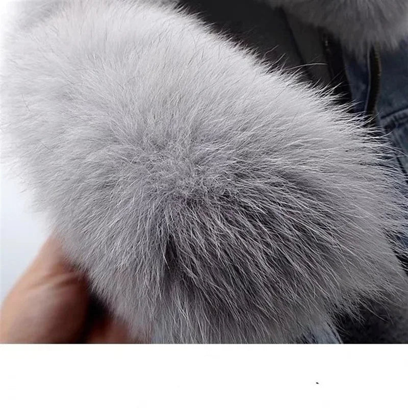 Denim Jacket for Women Short Thick 2025 Autumn Winter Y2k Tops Casual Punk Biker Faux Fox Fur Zipper Cowboy Coat Warm Outerwear