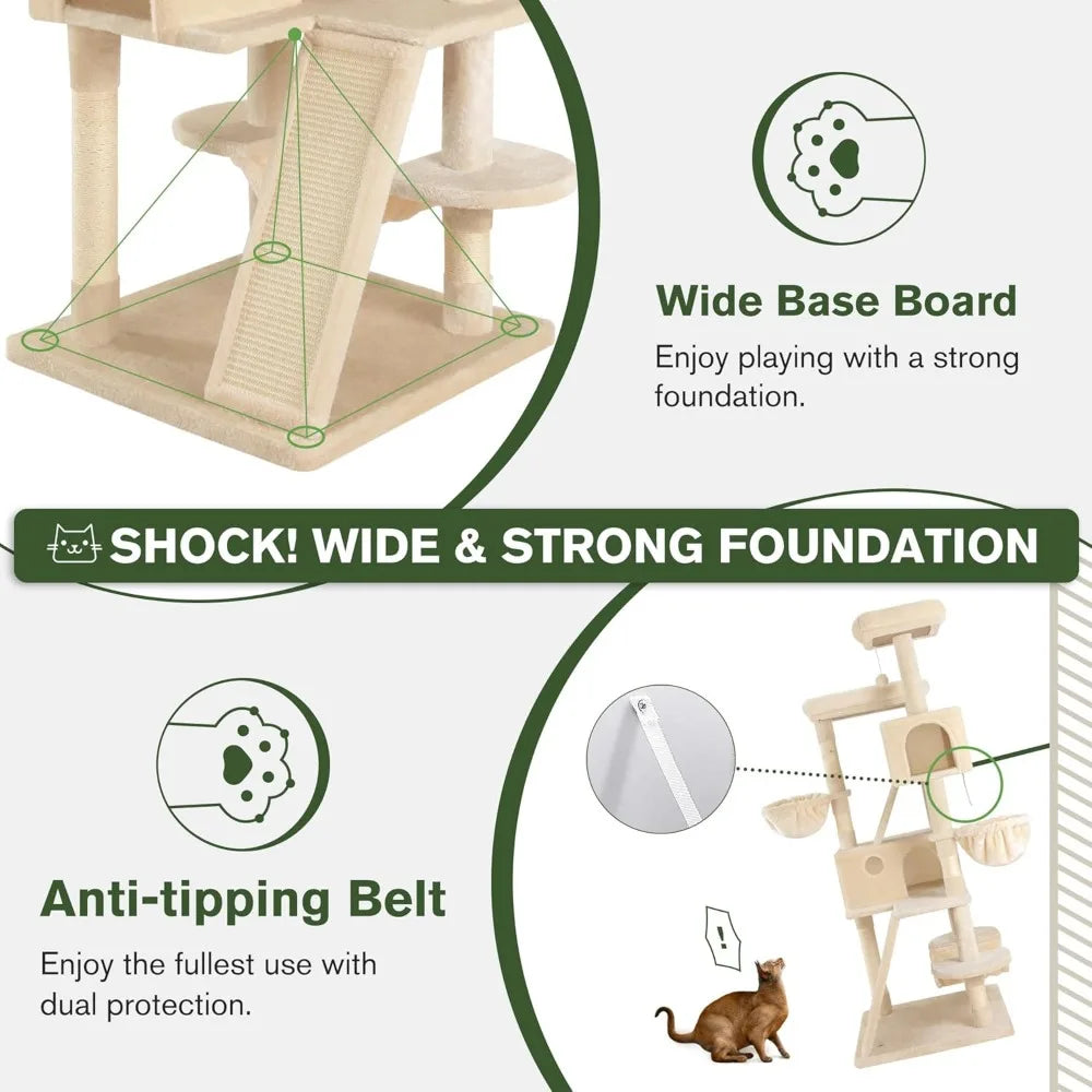 MUTICOR 66 Inches Multi-Level Large Cat Tree Tower for Indoor Big Feline/Cozy Plush Perches/Condo/Sisal Scratching Posts/Hammock