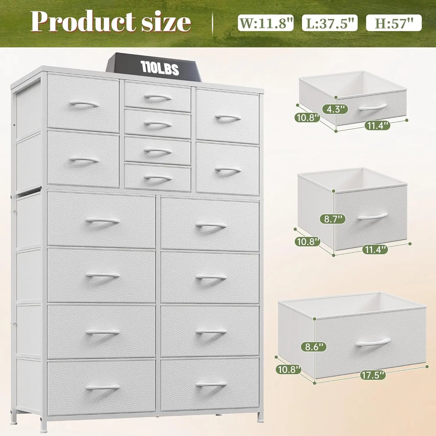 White Dresser,Dresser for Bedroom with 16 Drawers, Tall Dressers & Chests of Drawers with Wood Top, Metal Frame,Tall Dre