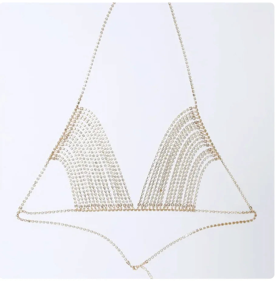 Sexy Body jewelry crystal sling Bra Chain Waist Chain Bikini Dress chain Body Chain Three Point Thong suit Beach Outfit портупея