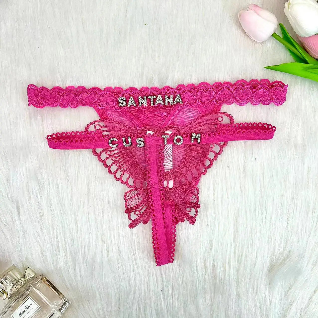 Customize Thong Panties Hollow Butterfly 2PC/set Name Gifts For Women Custom Hotwife Lingerie Underpants Lace String Underwear