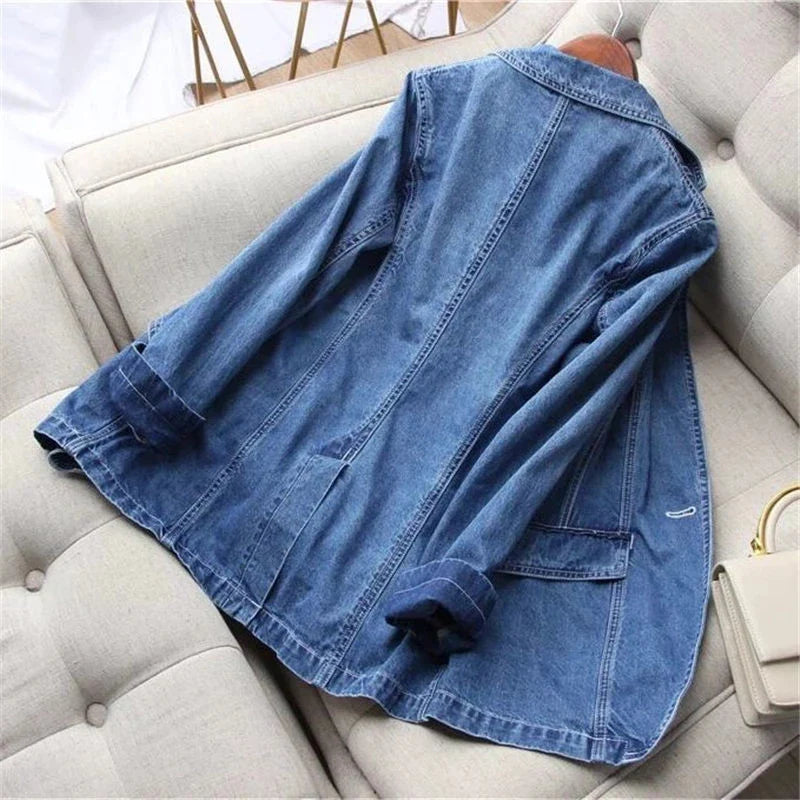 Women's Denim Suit Jacket, Korean Bomber Jackets, Casual Blazer, Female Outerwear, Cowboy Trench Coat, Fashion, Spring, Autumn,