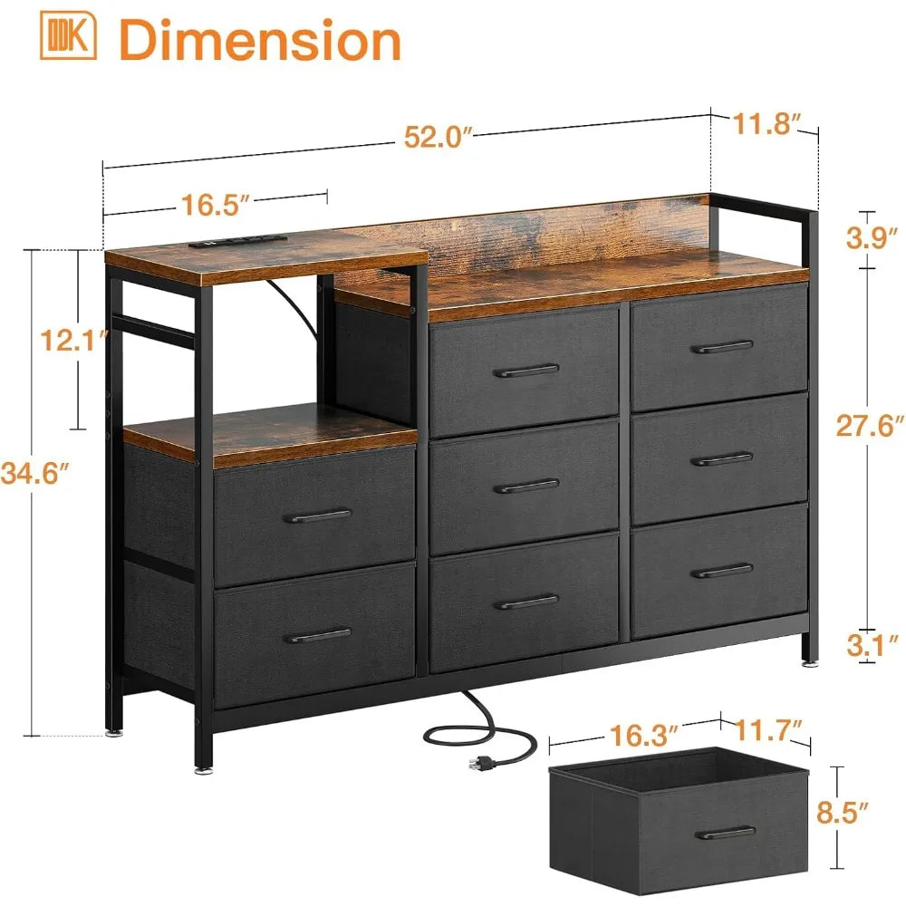 Dresser with Charging Station, 52-Inch Long Dresser for Bedroom with 8 Storage Drawers, Fabric Dressers Chests of Drawers with